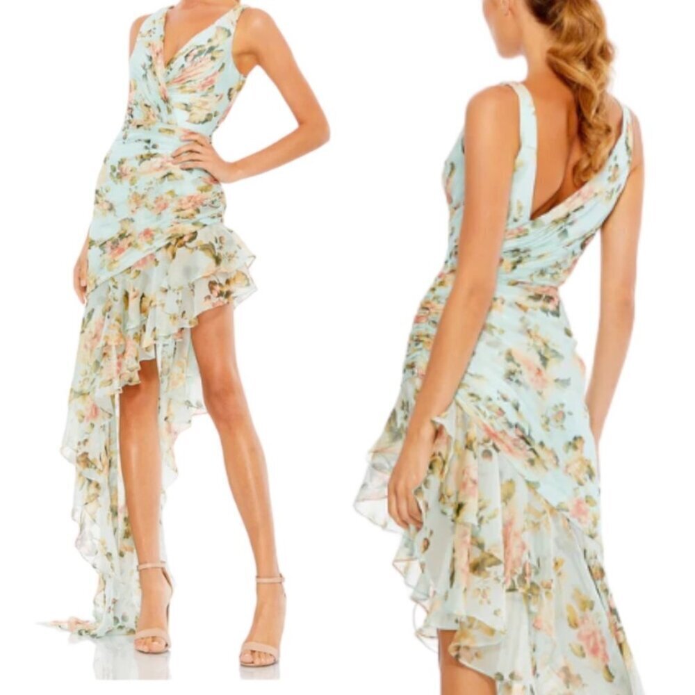 Mac Duggal Floral Print Asymmetrical Ruffle Hem Dress